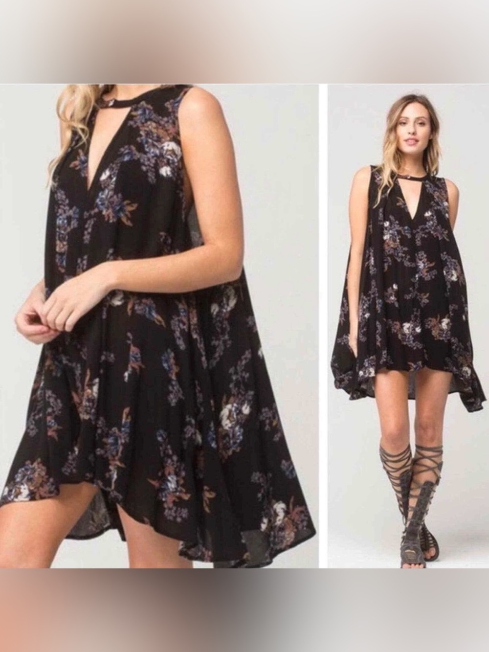 Free People Relaxed Black Floral Keyhole Boho Tunic Mini Dress Size Medium - Picture 1 of 11